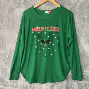 Merry Wear Sleep Top Women's XL Green Reindeer Print Pajama Top Long Sleeve